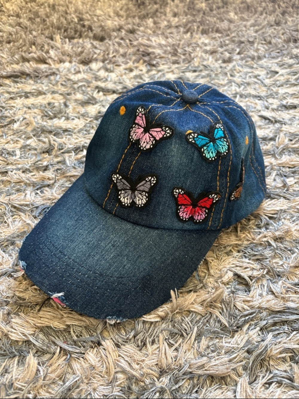Natasha Denim Baseball Cap with Multicolor Butterfly Patches 100% Cotton